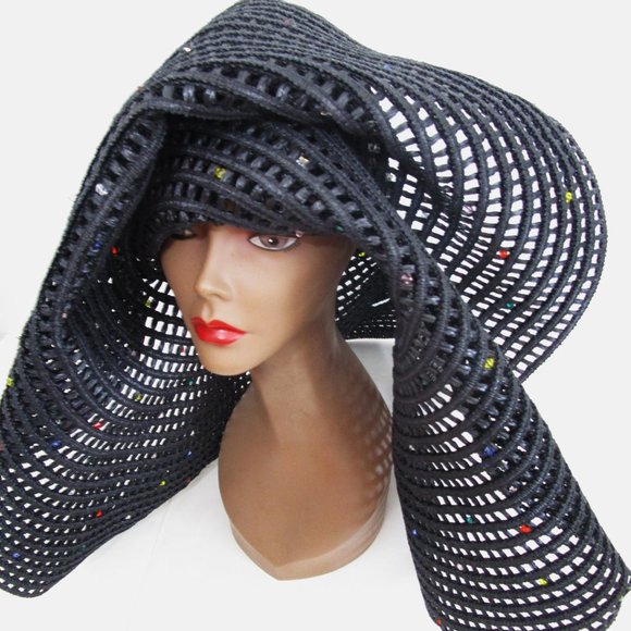 Enormous Oversized Lattice Knit Wide Brim Hat Black Sun Pool Derby - Picture 3 of 9